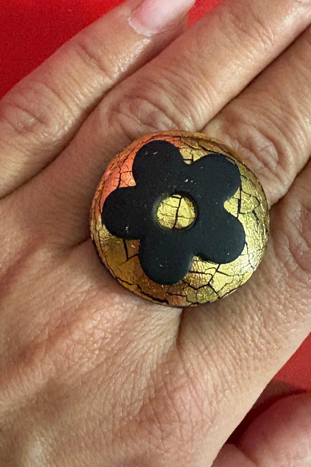 Anello Cracklè Flowers oro e nero