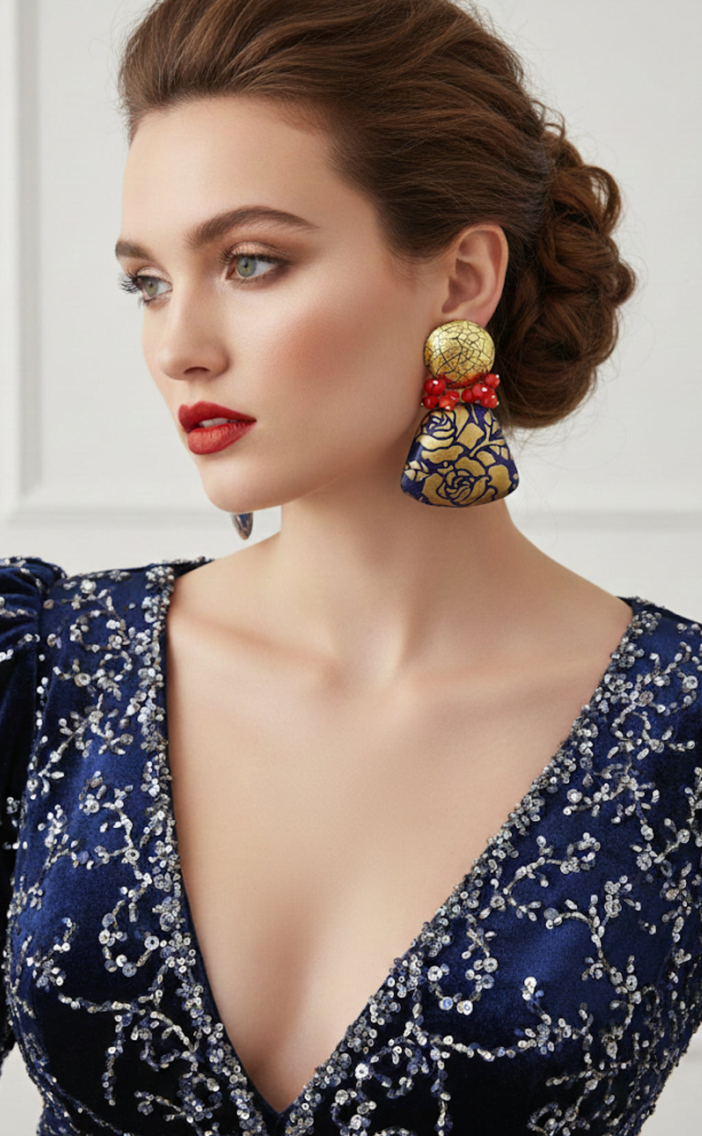 Orecchini Barocca Oro e Blu con Cristalli Rossi