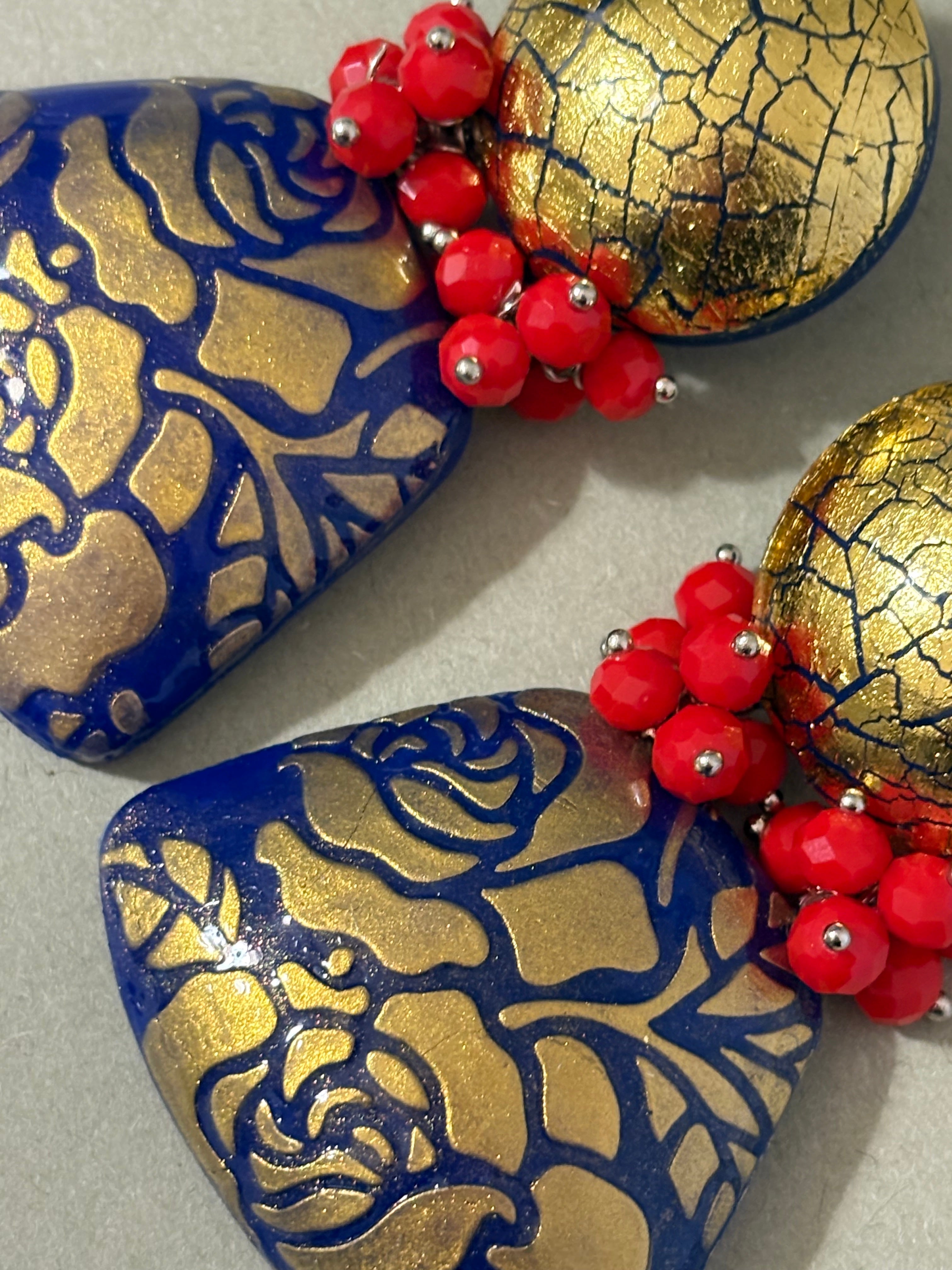 Orecchini Barocca Oro e Blu con Cristalli Rossi