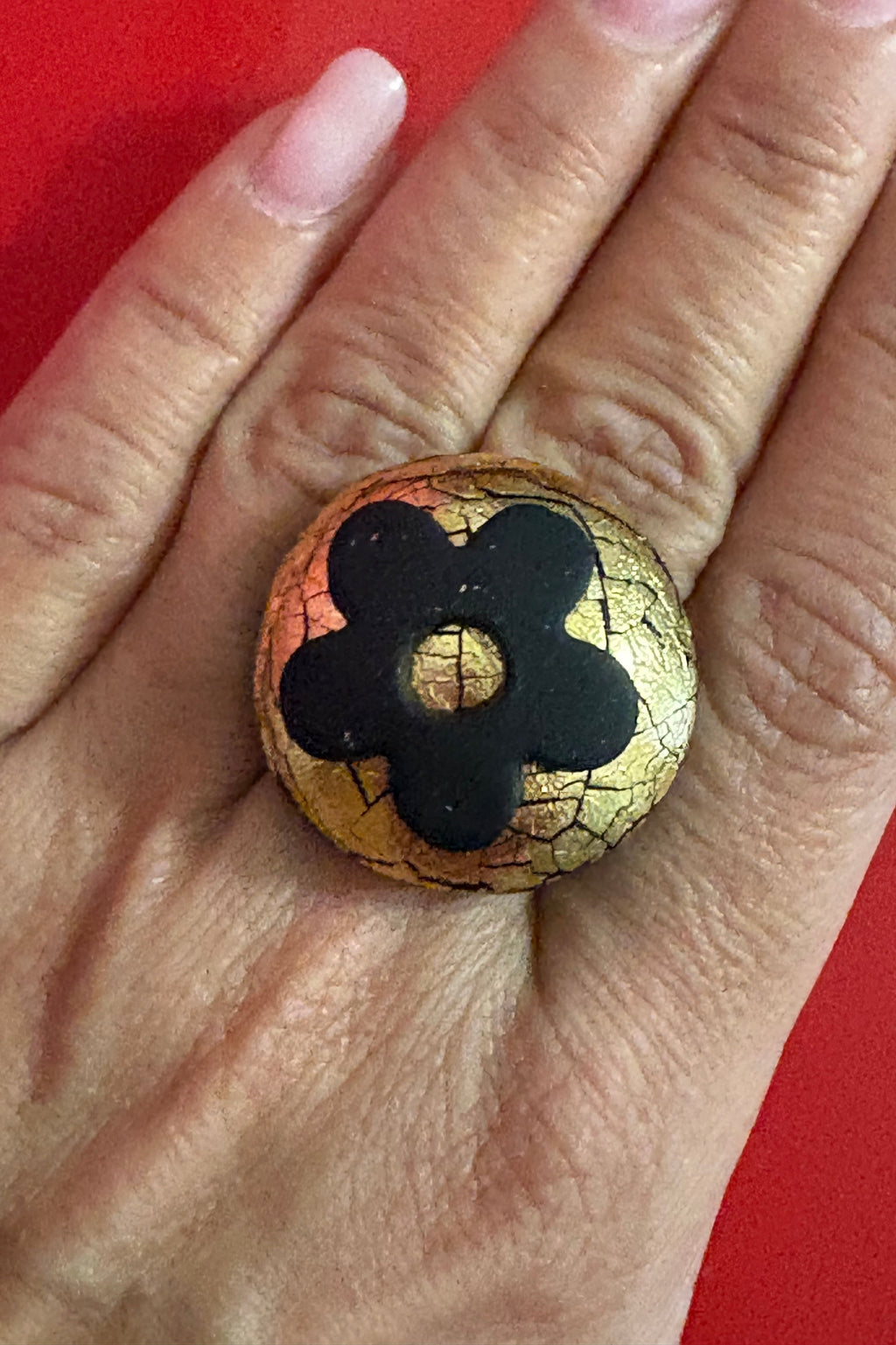 Anello Cracklè Flowers oro e nero
