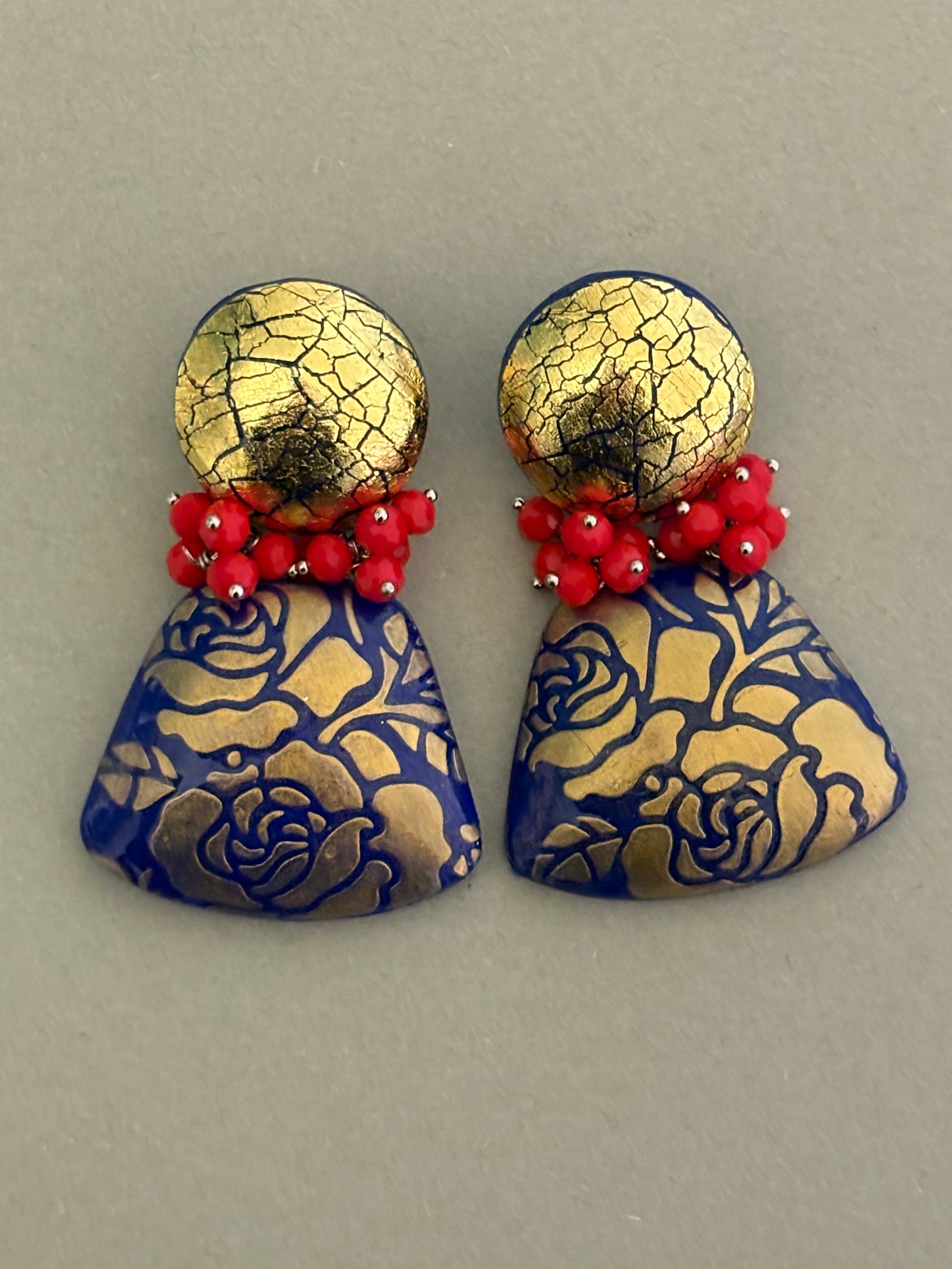 Orecchini Barocca Oro e Blu con Cristalli Rossi