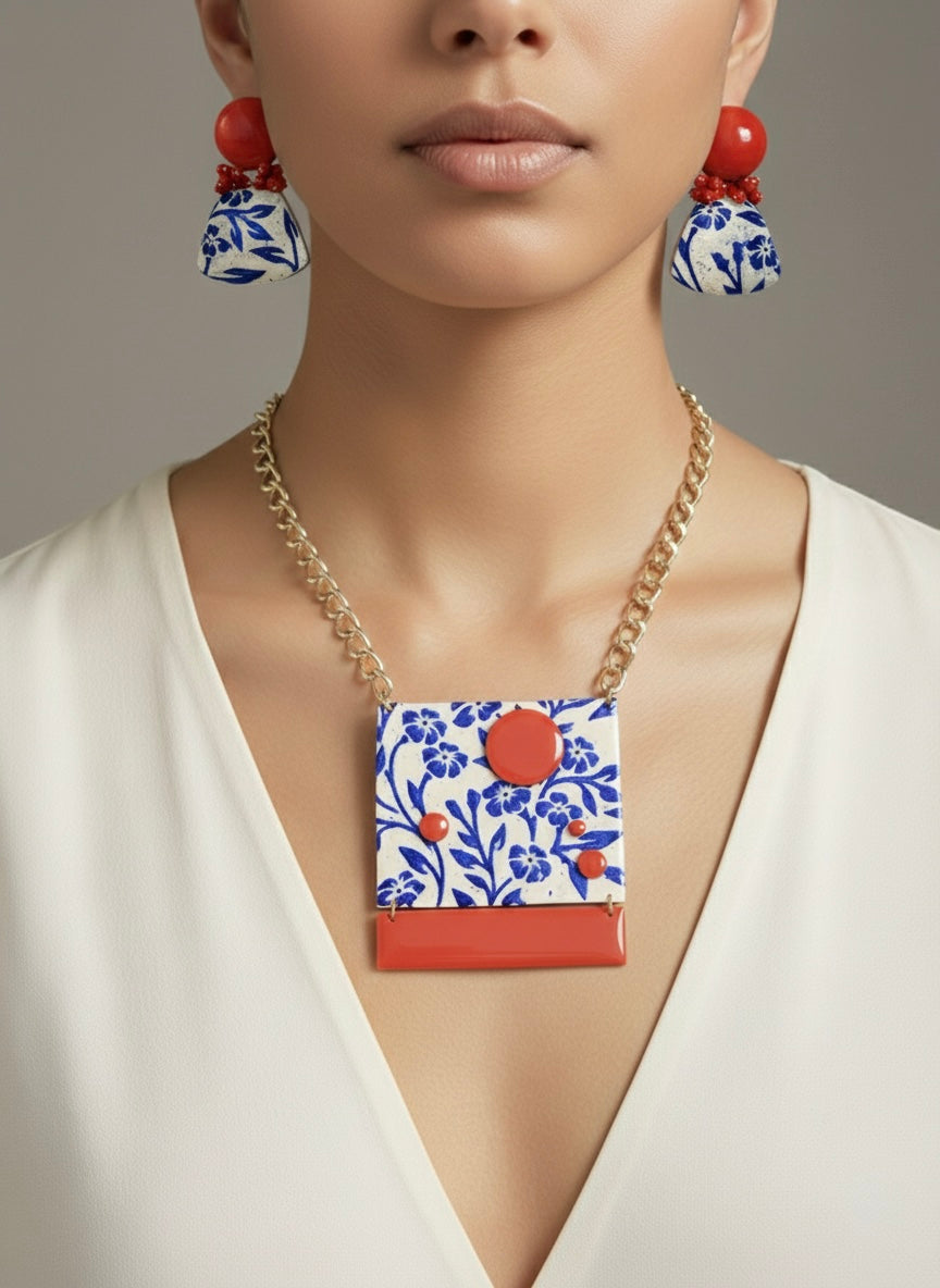 Set collana e orecchini Flowers rosso,avorio e blu