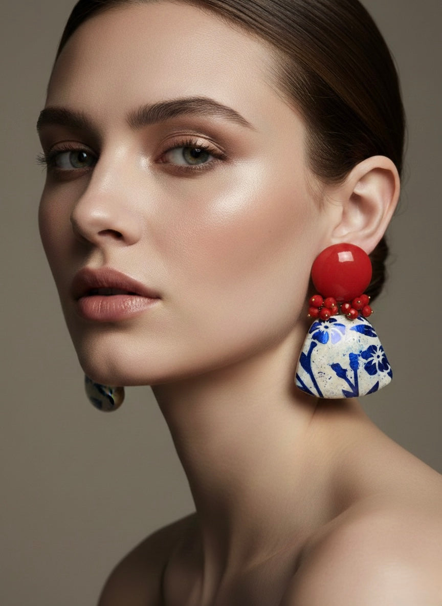 Orecchini Flowers rosso, avorio e blu