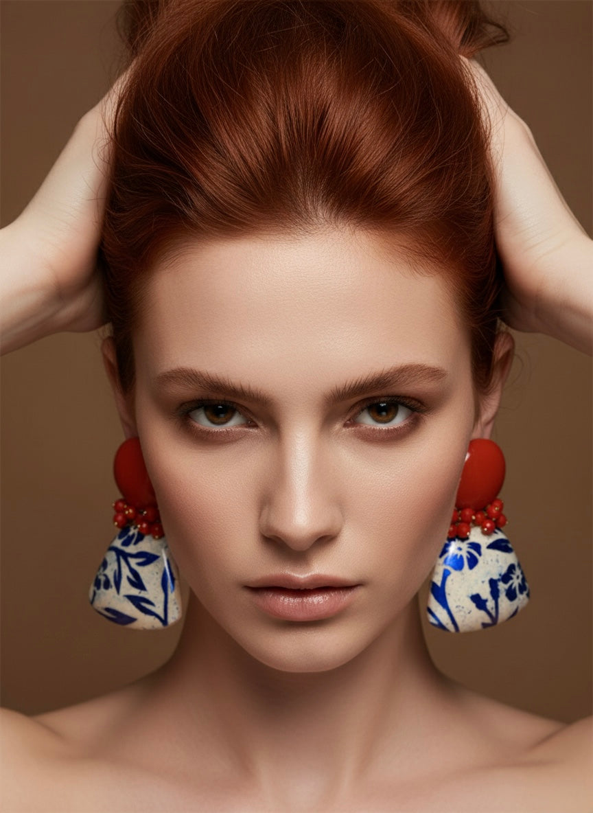 Orecchini Flowers rosso, avorio e blu