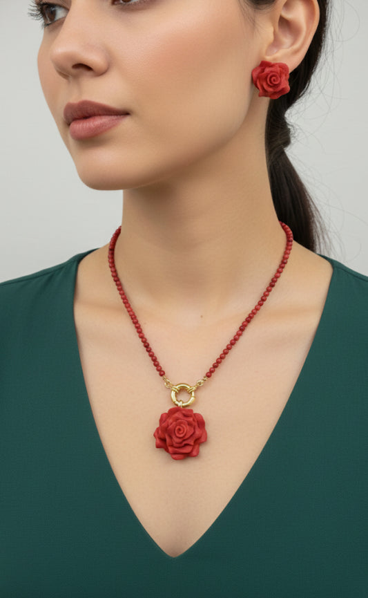 Set collana e orecchini Rosa rossa Corallo